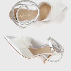 Lulus Lelanee White Satin Rhinestone Bow Ankle Strap Pumps